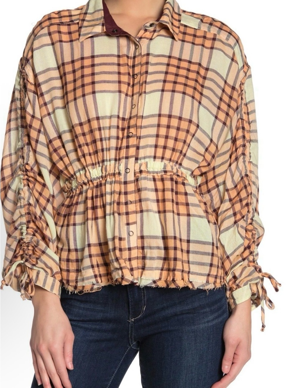Free People Pacific Dawn Plaid Shirt Peach S / preloved / PTP-20”